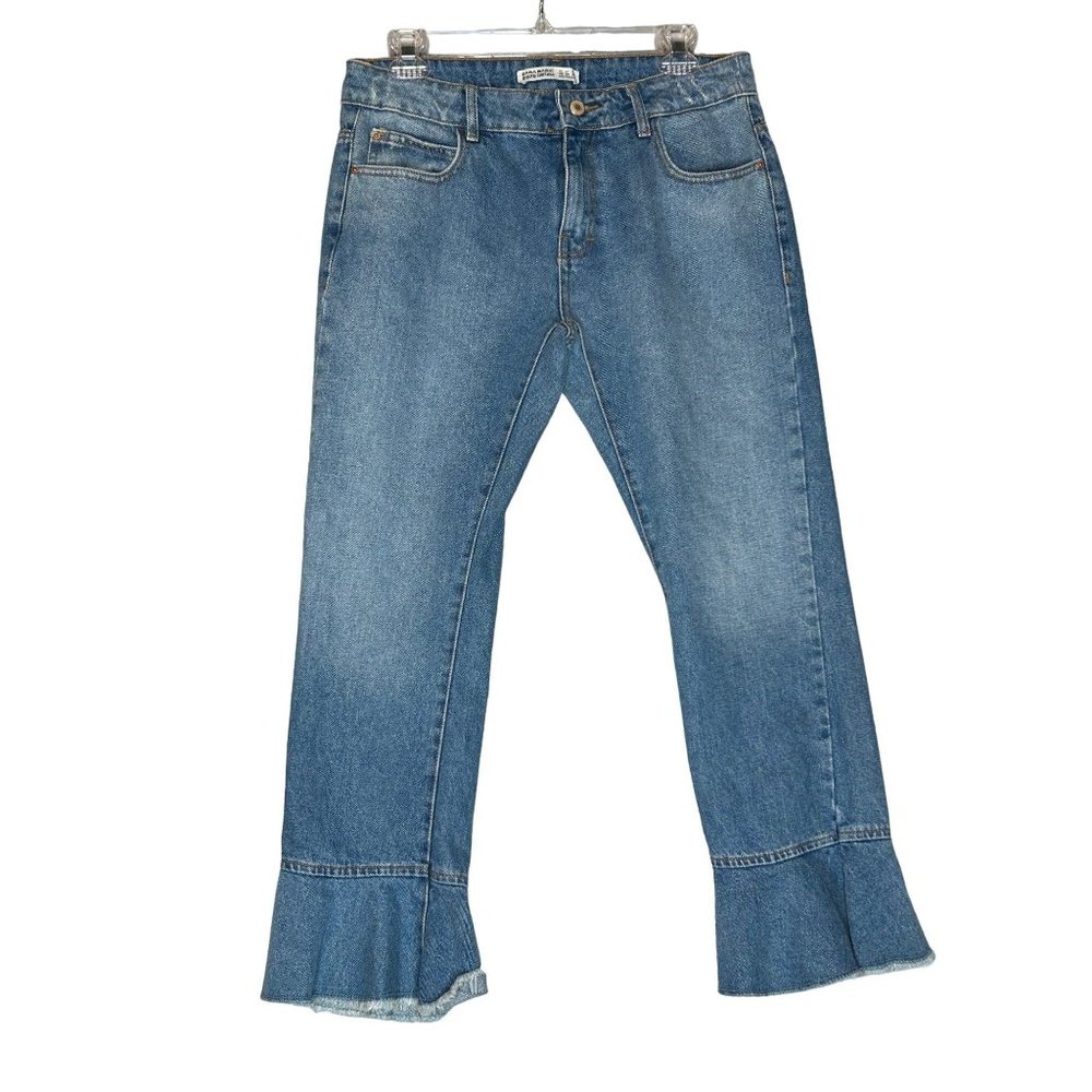 Zara Basic Z1975 Denim Mid Rise Blue Ruffle Flare Size 6 - Picture 2 of 9